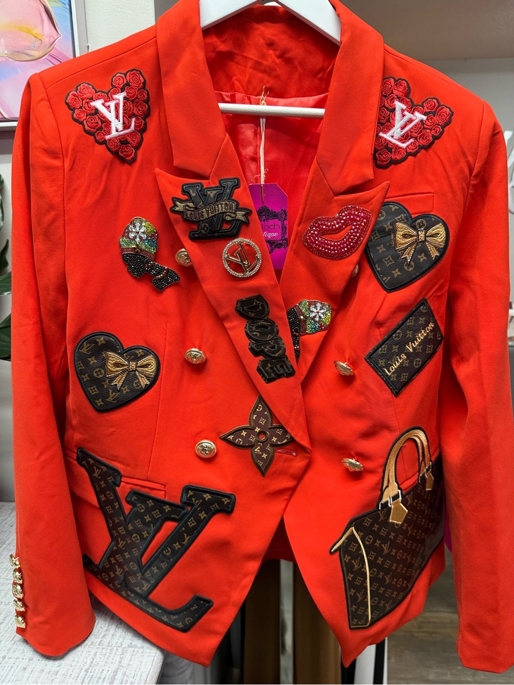 New Red Embellished Double-Breasted Blazer